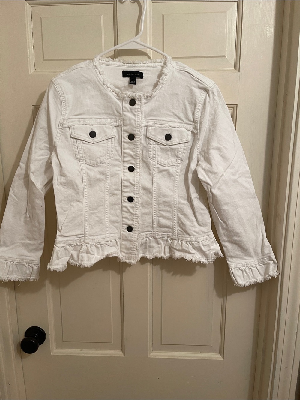 Ann Taylor White Ruffle-Hem Stretch Denim Jacket with Frayed Hem and Cuffs